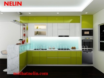 Mẫu tủ bếp Acrylic màu xanh lơ - trắng xu hướng phối màu cho năm tới